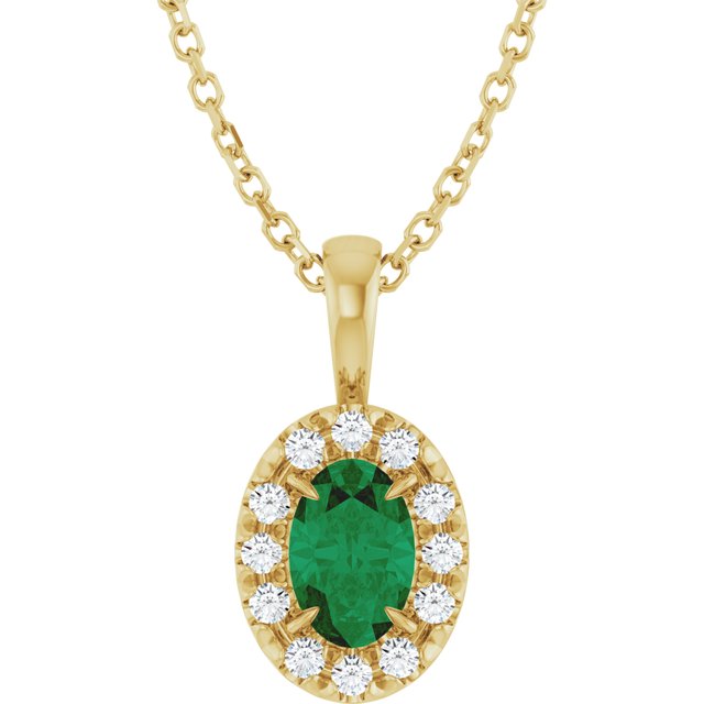 14K Yellow 6x4 mm Lab-Grown Emerald & 1/10 CTW Natural Diamond 16-18' Necklace