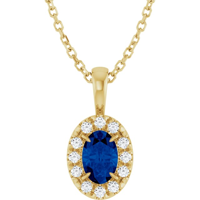 14K Yellow 6x4 mm Lab-Grown Blue Sapphire & 1/10 CTW Natural Diamond 16-18' Necklace