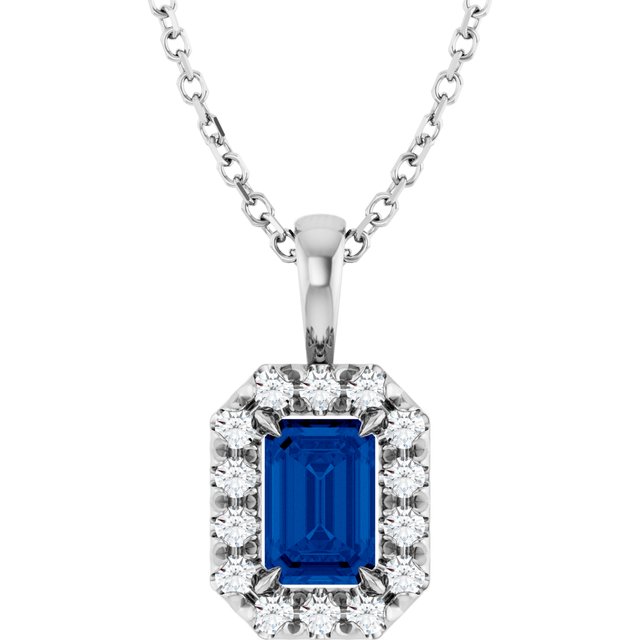 14K White 6x4 mm Natural Blue Sapphire & 1/5 CTW Natural Diamond 16-18' Necklace