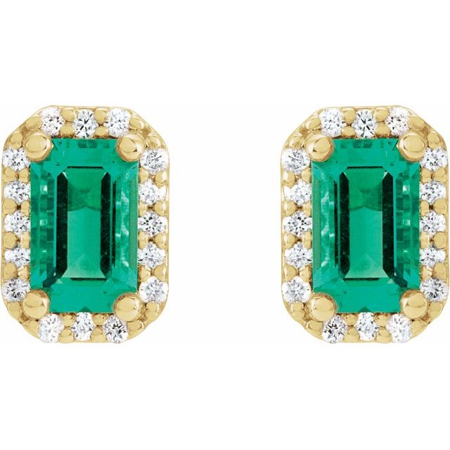 14K Yellow Lab-Grown Emerald & .07 CTW Natural Diamond Halo-Style Earrings