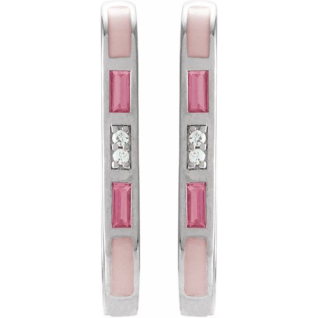 14K White Natural Pink Tourmaline & .02 CTW Natural Diamond 19.6 mm Hoop Earrings