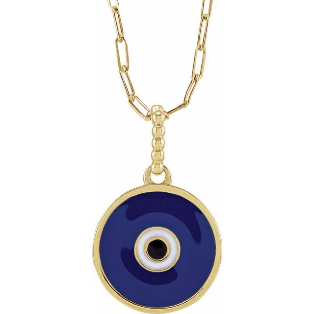 14K Yellow Blue Enamel Evil Eye 18' Necklace