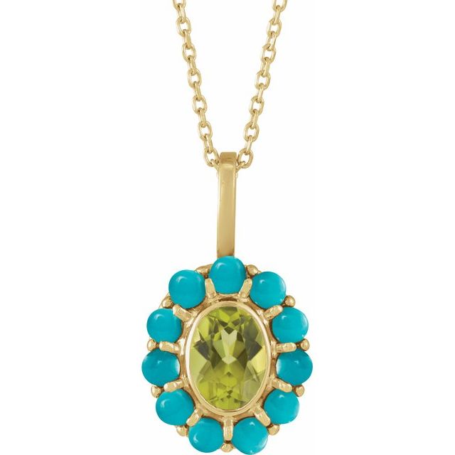 14K Yellow Natural Peridot & Natural Turquoise Halo-Style 16-18' Necklace