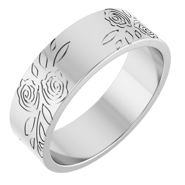 14K White 6 mm Rose Pattern Band Size 10