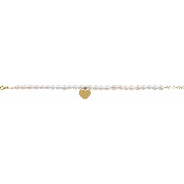 14K Yellow Cultured White Freshwater Pearl & Heart 7-8' Bracelet
