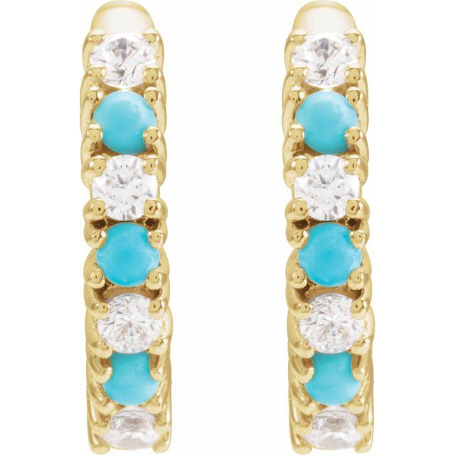 14K Yellow Natural Turquoise & 1/3 CTW Natural Diamond Hoop Earrings