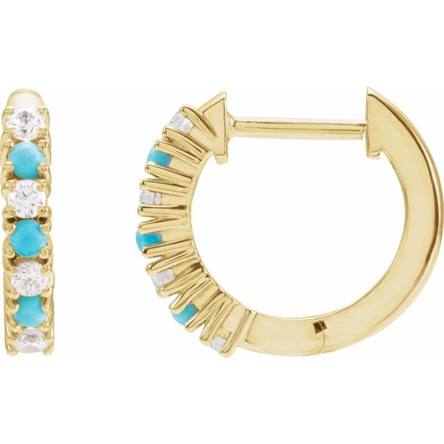 14K Yellow Natural Turquoise & 1/3 CTW Natural Diamond Hoop Earrings