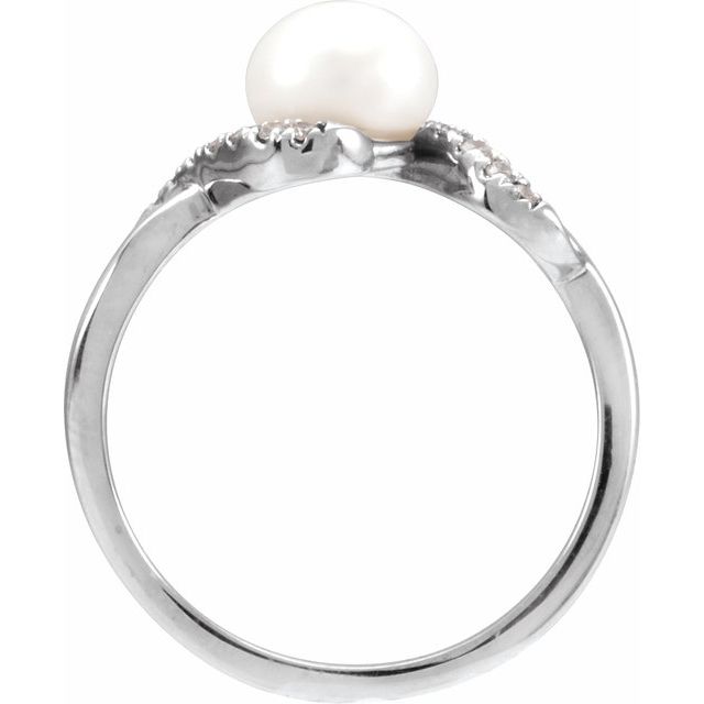 14K White Cultured White Freshwater Pearl & 1/8 CTW Natural Diamond Ring