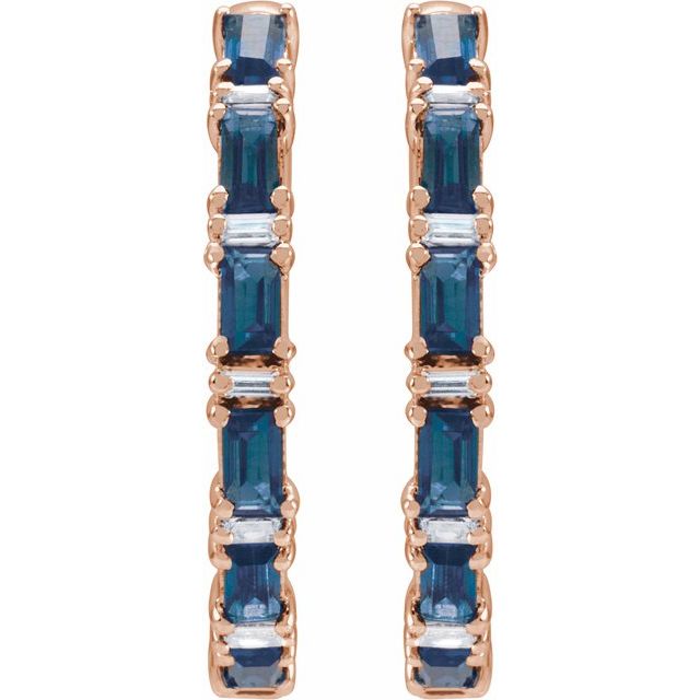 14K Rose Natural Blue Sapphire & 1 1/4 CTW Natural Diamond Hoop Earrings