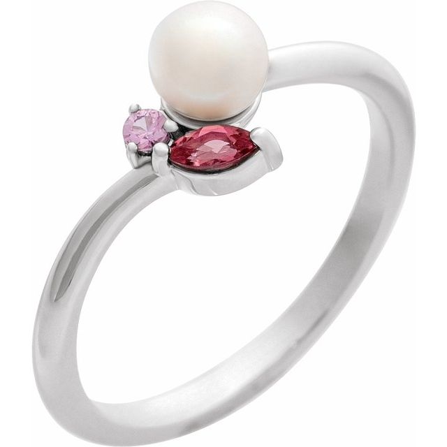 14K White Cultured White Akoya Pearl, Natural Pink Tourmaline & Natural Pink Sapphire Ring