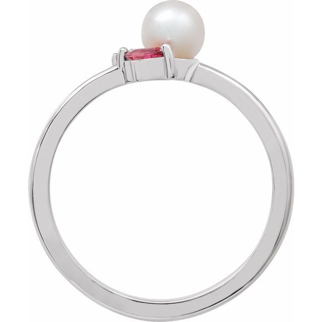 14K White Cultured White Akoya Pearl, Natural Pink Tourmaline & Natural Pink Sapphire Ring