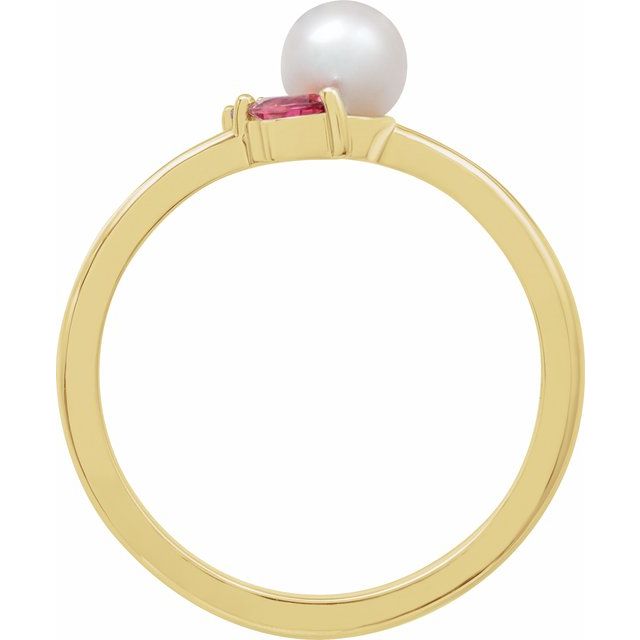 14K Yellow Cultured White Akoya Pearl, Natural Pink Tourmaline & Natural Pink Sapphire Ring