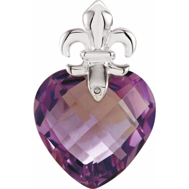 Sterling Silver Natural Amethyst Fleur-de-lis Heart Pendant