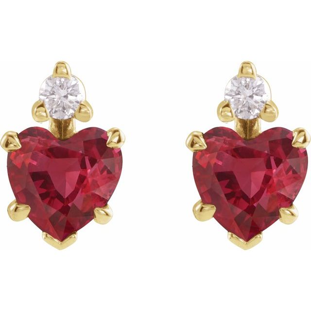 14k Yellow Lab-grown Ruby & .06 Ctw Natural Diamond Stud Earrings