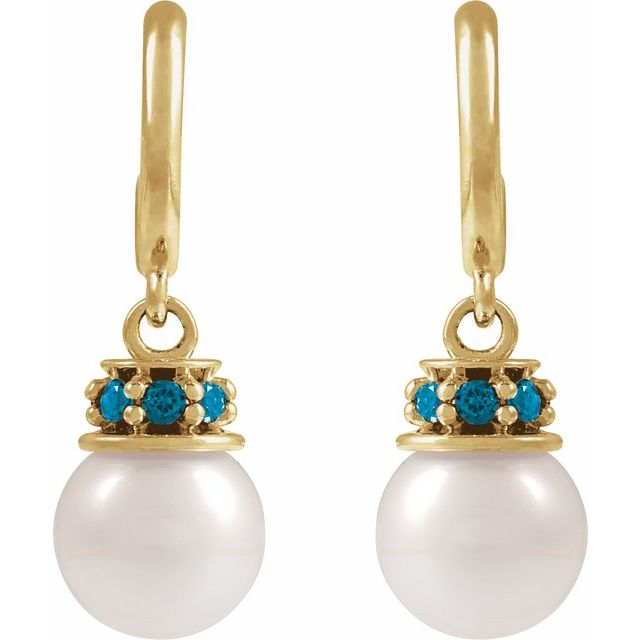 14K Yellow Cultured White Freshwater Pearl & Natural London Blue Topaz Hoop Earrings