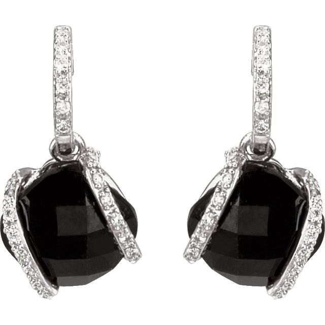 14K White Natural Black Onyx & 1/10 CTW Natural Diamond Earrings