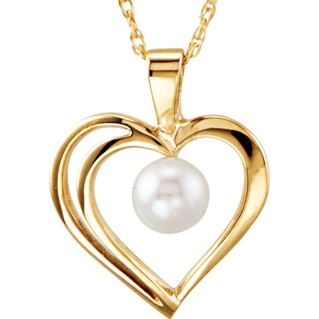 14K Yellow Cultured White Akoya Pearl Heart 18' Necklace