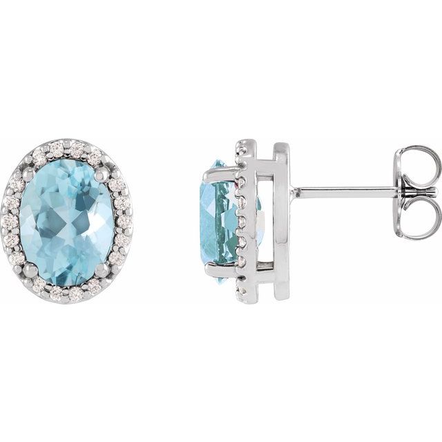 14k White 6x4 Mm Natural Aquamarine & .06 Ctw Natural Diamond Halo-style Earrings