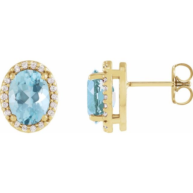 14k Yellow 6x4 Mm Natural Aquamarine & .06 Ctw Natural Diamond Halo-style Earrings