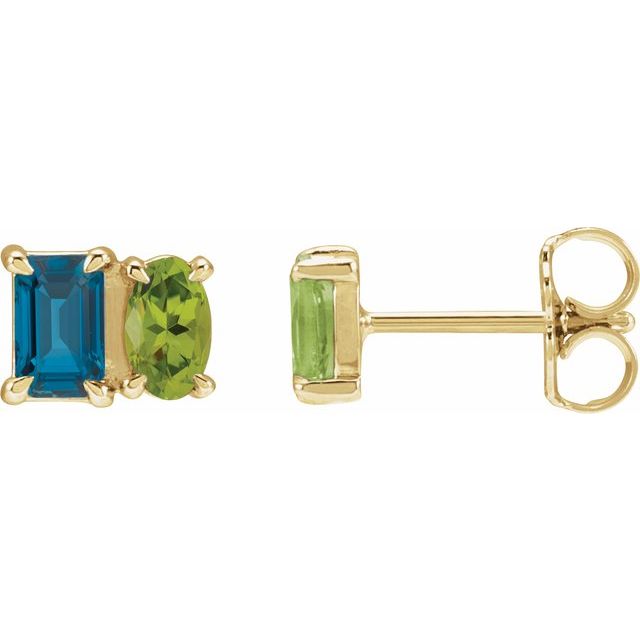 14K Yellow Natural London Blue Topaz & Natural Peridot Two-Stone Stud Earrings