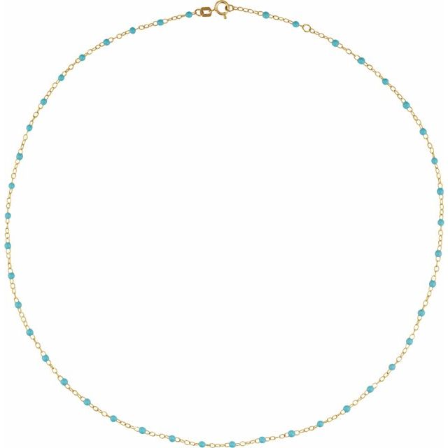14K Yellow 2 mm Adjustable Turquoise Enamel Bead 17-18' Chain