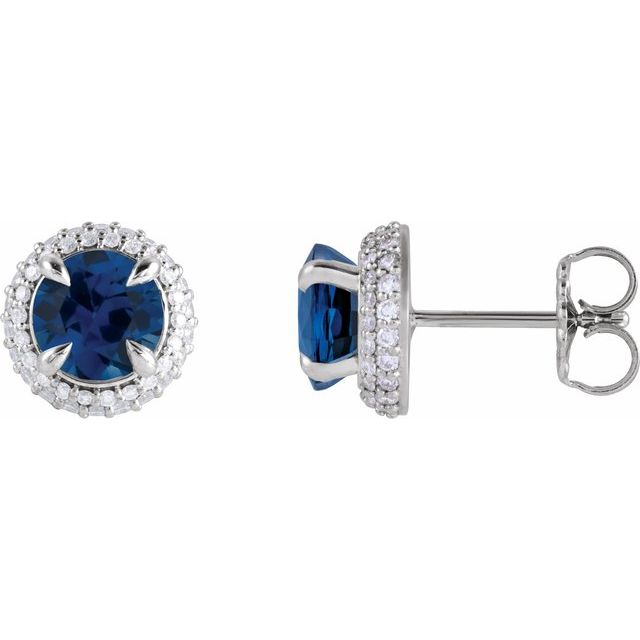 14K White Lab-Grown Blue Sapphire & 1/2 CTW Lab-Grown Diamond Halo-Style Earrings