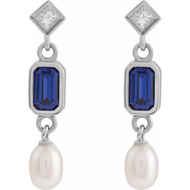 14K White Lab-Grown Blue Sapphire, Cultured White Akoya Pearl & .05 CTW Natural Diamond Earrings