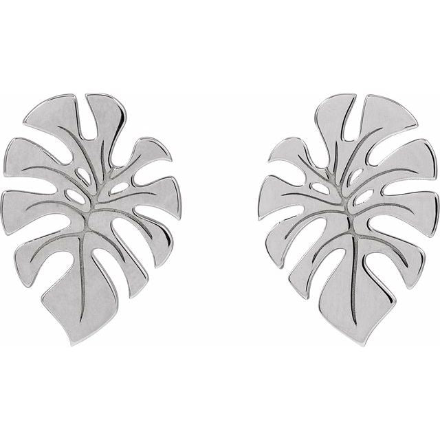 14k White Monstera Leaf Stud Earrings