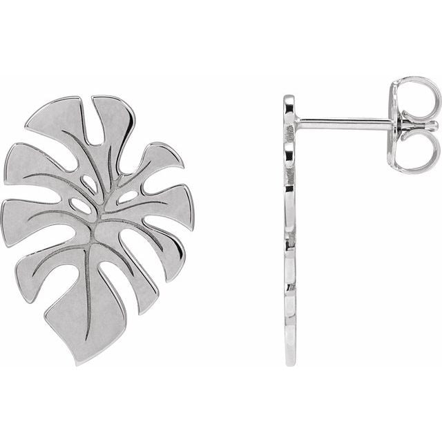 14k White Monstera Leaf Stud Earrings