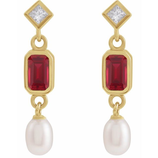 14K Yellow Lab-Grown Ruby, Cultured White Akoya Pearl & .05 CTW Natural Diamond Earrings