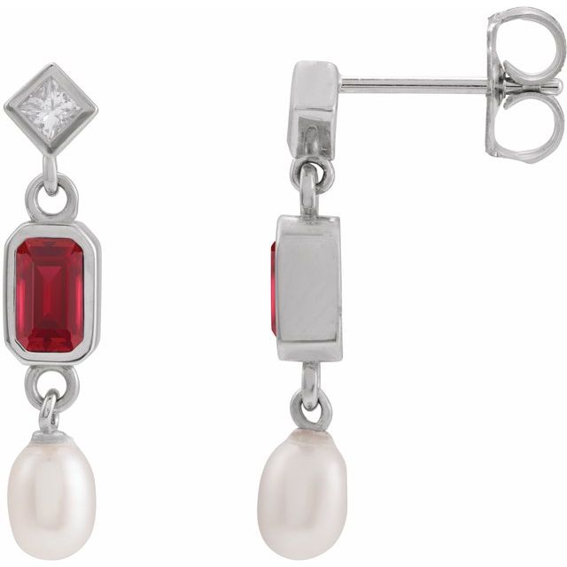 14K White Lab-Grown Ruby, Cultured White Akoya Pearl & .05 CTW Natural Diamond Earrings
