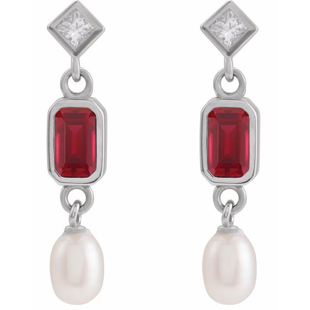 14K White Lab-Grown Ruby, Cultured White Akoya Pearl & .05 CTW Natural Diamond Earrings