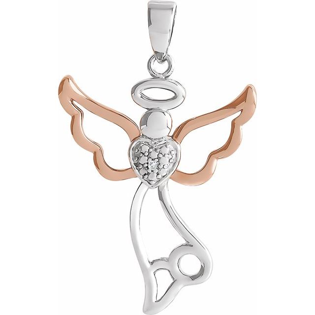 Sterling Silver & 14K Rose Gold Vermeil 29x17.8 mm .0029 Natural Diamond Angel Pendant