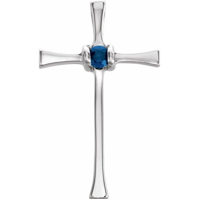 14K White Natural Blue Sapphire Cross Pendant