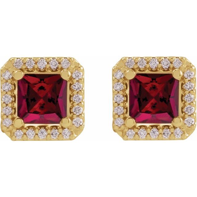 14K Yellow Lab-Grown Ruby & .08 CTW Natural Diamond Halo-Style Earrings