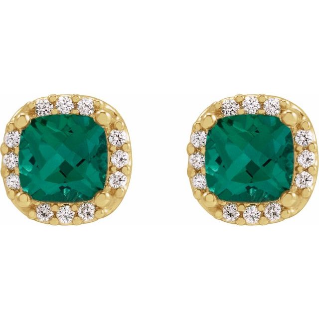 14K Yellow Lab-Grown Emerald & .06 CTW Natural Diamond Halo-Style Earrings