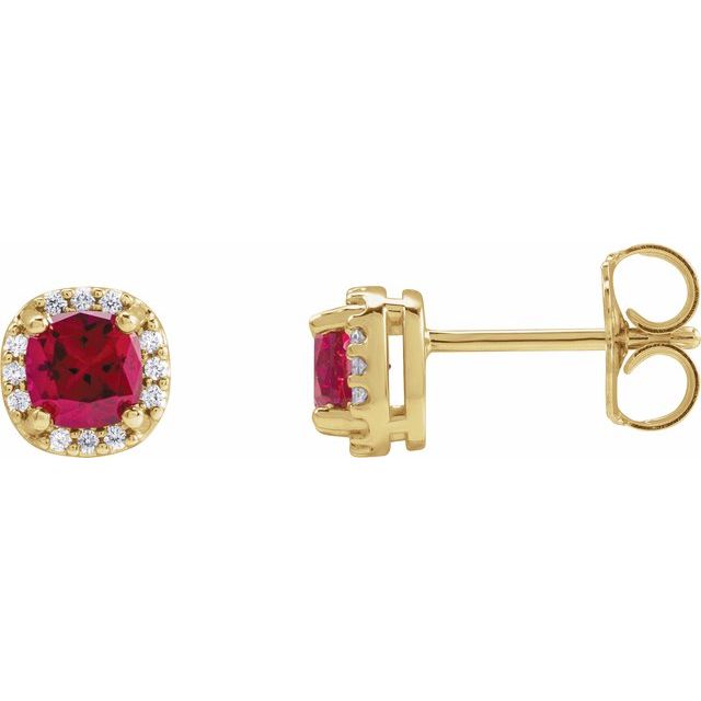 14k Yellow Lab-grown Ruby & .06 Ctw Natural Diamond Halo-style Earrings