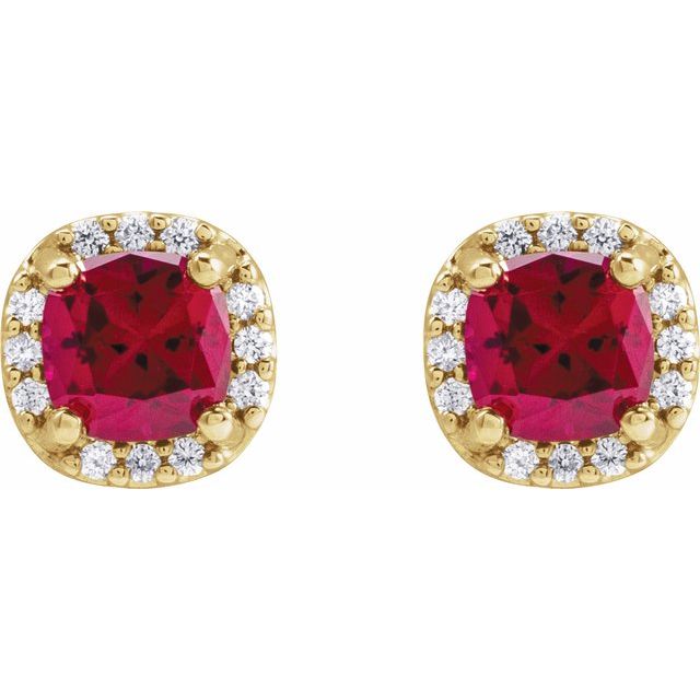 14k Yellow Lab-grown Ruby & .06 Ctw Natural Diamond Halo-style Earrings