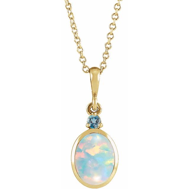 14K Yellow 5x3 mm Lab-Grown White Opal & Natural London Blue Topaz 16-18' Necklace