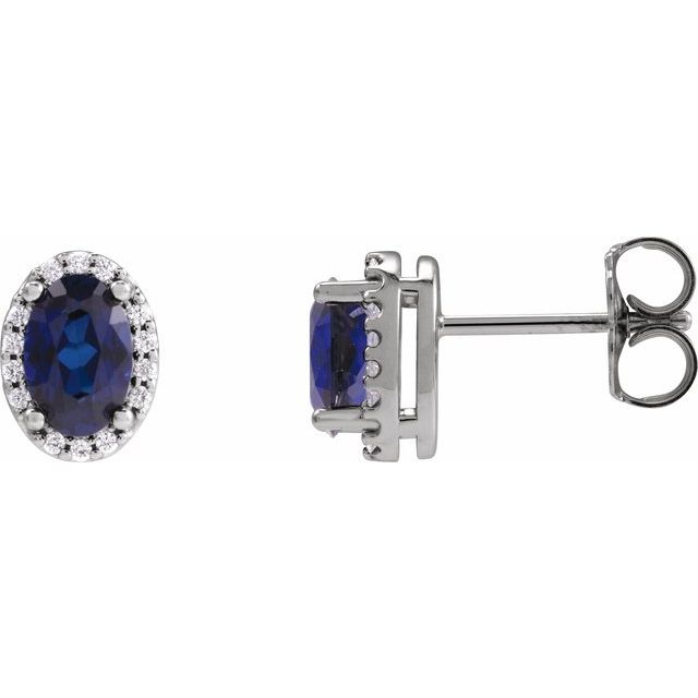 14k White 5x3 Mm Lab-grown Blue Sapphire & .04 Ctw Natural Diamond Halo-style Earrings
