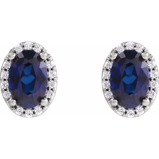 14k White 5x3 Mm Lab-grown Blue Sapphire & .04 Ctw Natural Diamond Halo-style Earrings