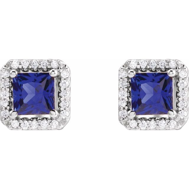 14K White Lab-Grown Blue Sapphire & .08 CTW Natural Diamond Halo-Style Earrings
