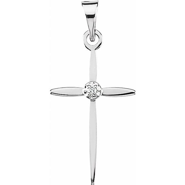 14K White .005 CT Natural Diamond Cross Pendant