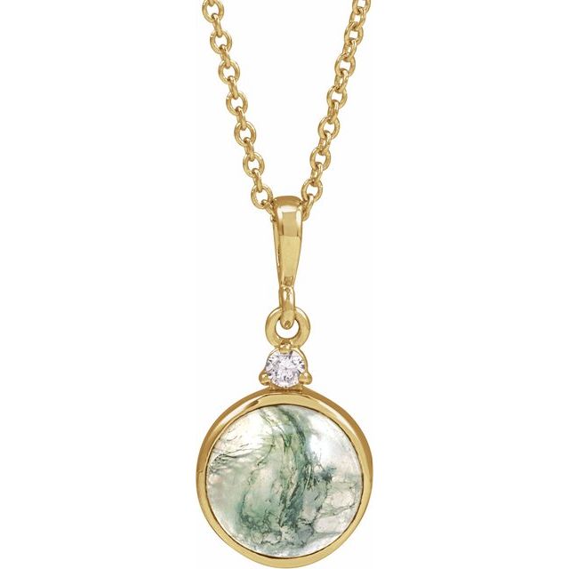 14K Yellow 8 mm Natural Moss Agate & .03 CTW Natural Diamond 16-18' Necklace