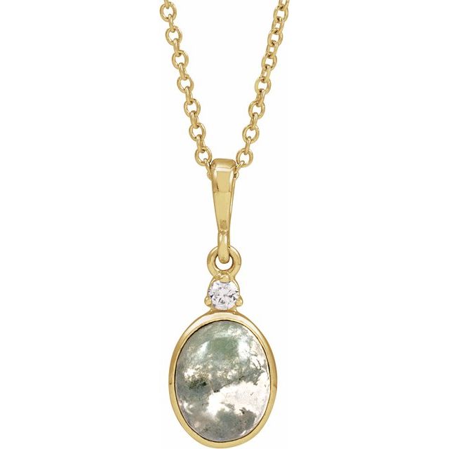 14K Yellow 8x6 mm Natural Moss Agate & .03 CTW Natural Diamond 16-18' Necklace