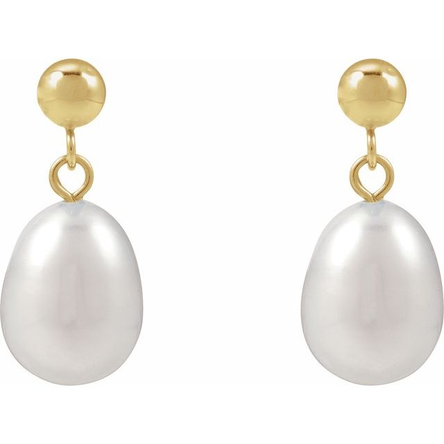 14K Yellow Cultured White Freshwater Pearl Earrings