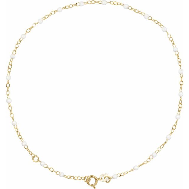 14K Yellow 2 mm Adjustable White Enamel Bead 9-10' Chain