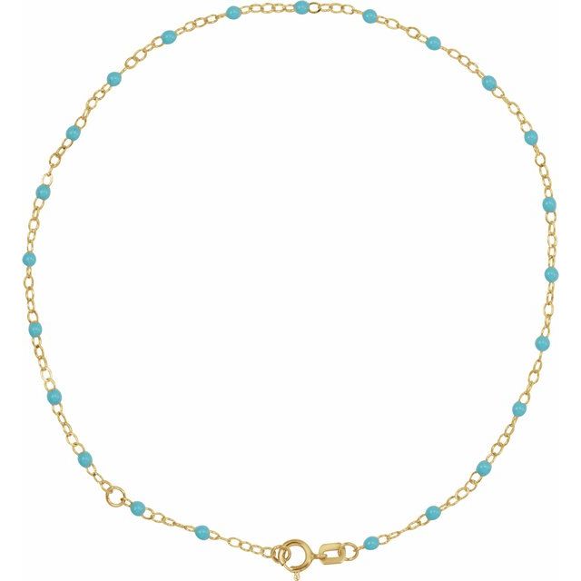 14K Yellow 2 mm Adjustable Turquoise Enamel Bead 9-10' Chain