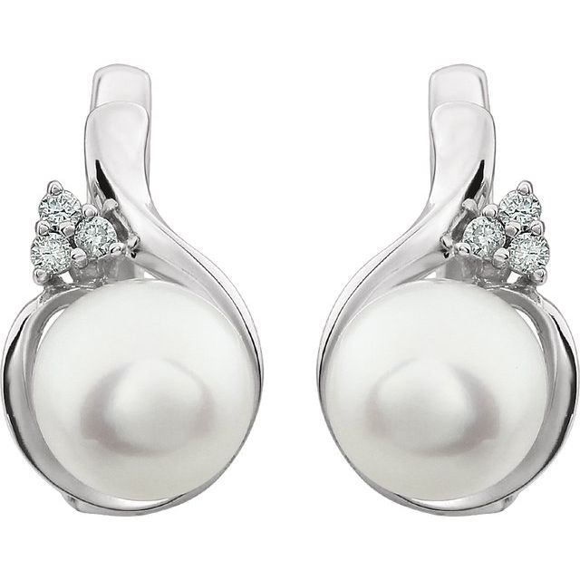 14K White Cultured White Freshwater Pearl & .08 CTW Natural Diamond Earrings