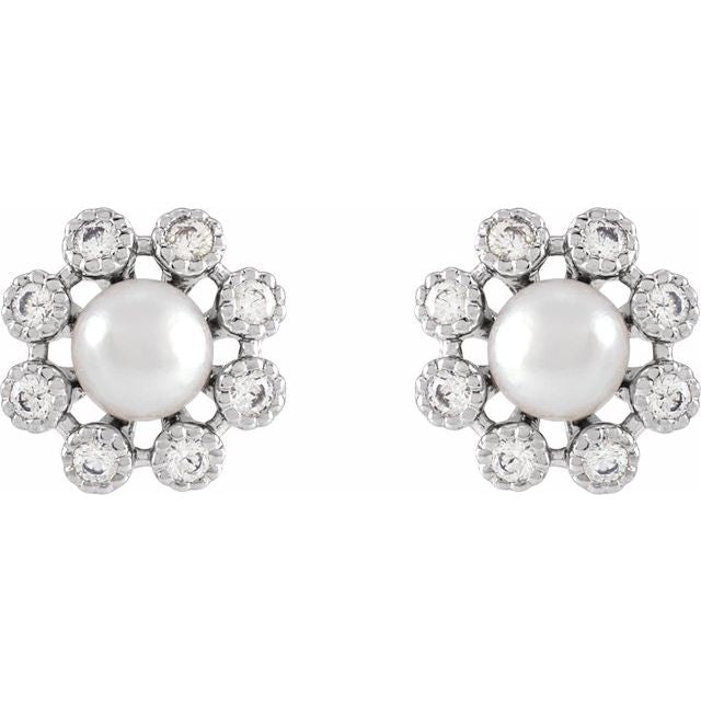 14K White Cultured White Freshwater Pearl & 1/8 CTW Natural Diamond Earrings